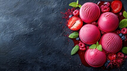 Delicious Pink Ice Cream with Fresh Berries and Mint Leaves