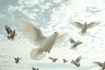 Fototapeta premium White Doves Soaring Gracefully In The Bright Blue Sky