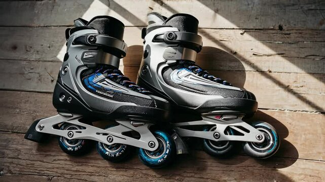 Pair of inline skates on a rustic wooden floor illuminated by sunlight, showcasing the equipment for recreational activity