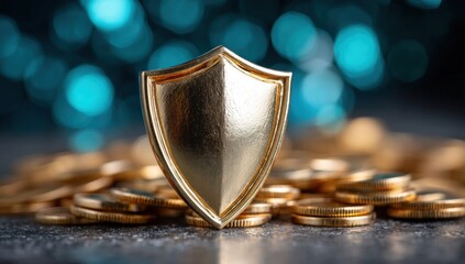 Golden shield protects money on a stack of coins, bokeh background, use for finance