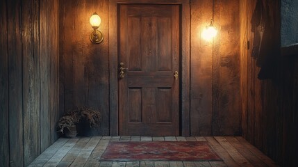 Rustic wooden porch with a dark brown door, lit by wall lamps, and a small rug.