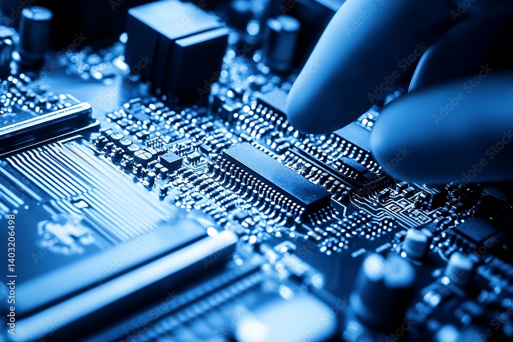 Poster circuit board with a hand examining components and connections for quality assurance : generative ai