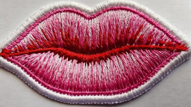 Embroidered patch of lips showing pink and red shades with white border for fashion or decorative projects, detail shot