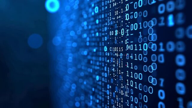 Binary code in blue glowing style over a dark blurred background, representing digital data, cybersecurity, or programming concept