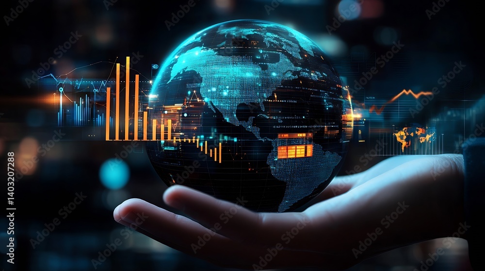 Aufkleber Hand holding glowing globe with data visualization and modern technology graphics symbolizing global connectivity : Generative AI