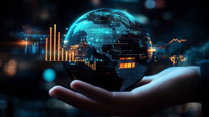 Hand holding glowing globe with data visualization and modern technology graphics symbolizing global connectivity : Generative AI