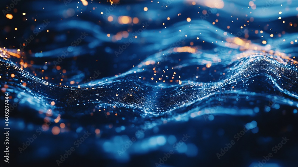 Poster abstract blue technology background with glowing particles and wave motion for digital design 3d ren