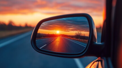 Sunset Road Trip Reflection in Car Mirror
