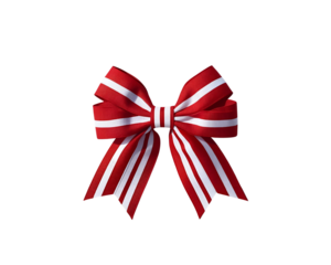 Festive red and white striped bow. Ideal for holiday decorations, gift embellishments, patriotic themes, and cheerful designs against or on transparent PNG background.

