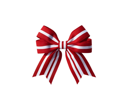 Festive red and white striped bow. Ideal for holiday decorations, gift embellishments, patriotic themes, and cheerful designs against or on transparent PNG background.

