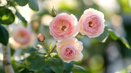 Fototapeta premium Blooming pink roses garden sunlight bokeh background spring