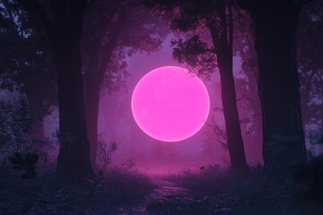 Fototapeta premium Enchanted forest with glowing pink moon at twilight
