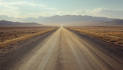 A deserted gravel road stretches into a vast, hazy desert landscape.