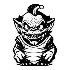 Black and white drawing of a cartoon troll