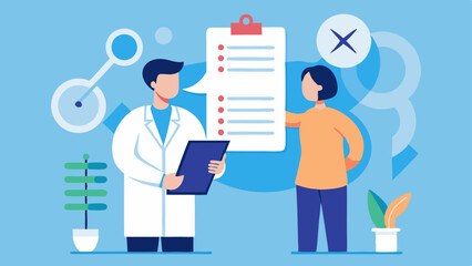 Personalized Health Goals A doctor and patient collaboratively setting health goals with a list of targets on a notepad and a background of DNA graphics symbolizing tailored health
