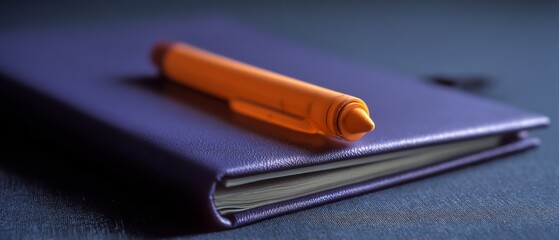 A purple notebook with an orange marker resting atop, creating a contrast of color in the soft, low-light setting.