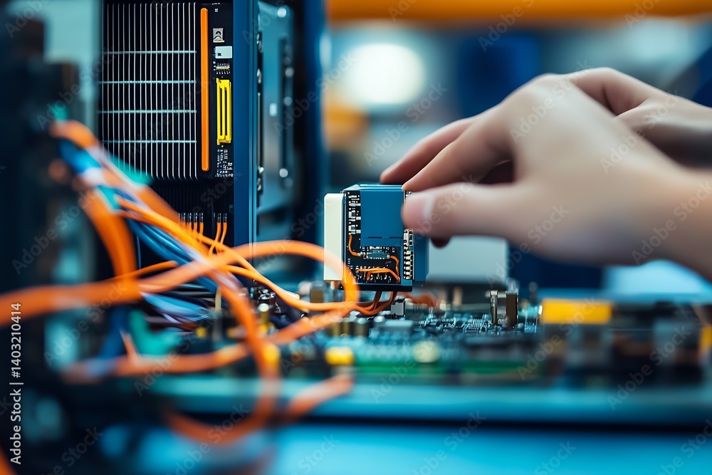 Poster Expert Technician Installing Component in a Modern Computer Motherboard with Colorful Wires and Hardware : Generative AI