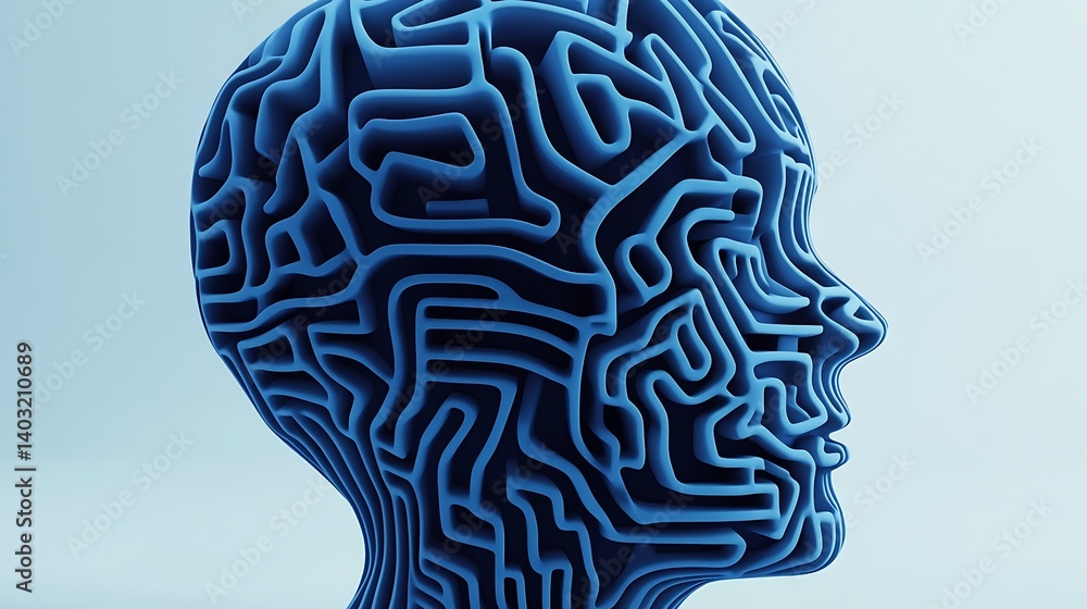 Poster intricate blue human head sculpture emphasizing a maze design to represent intricate thought process