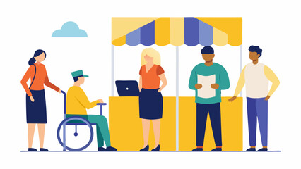 Job Fair Inclusion A scene of a job fair with a dedicated booth for accessible job training programs featuring friendly staff assisting people with disabilities.