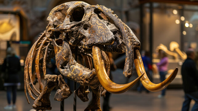 Gigantic mastodon fossil exhibited in natural history museum, prehistoric mammal skeleton on display for education and paleontology study, evolution and ancient wildlife concept.