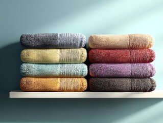 Stack of Folded Woolen Pastel Sweaters on White Table, Light Blue Background with Sunlight Rays, Minimalist Style