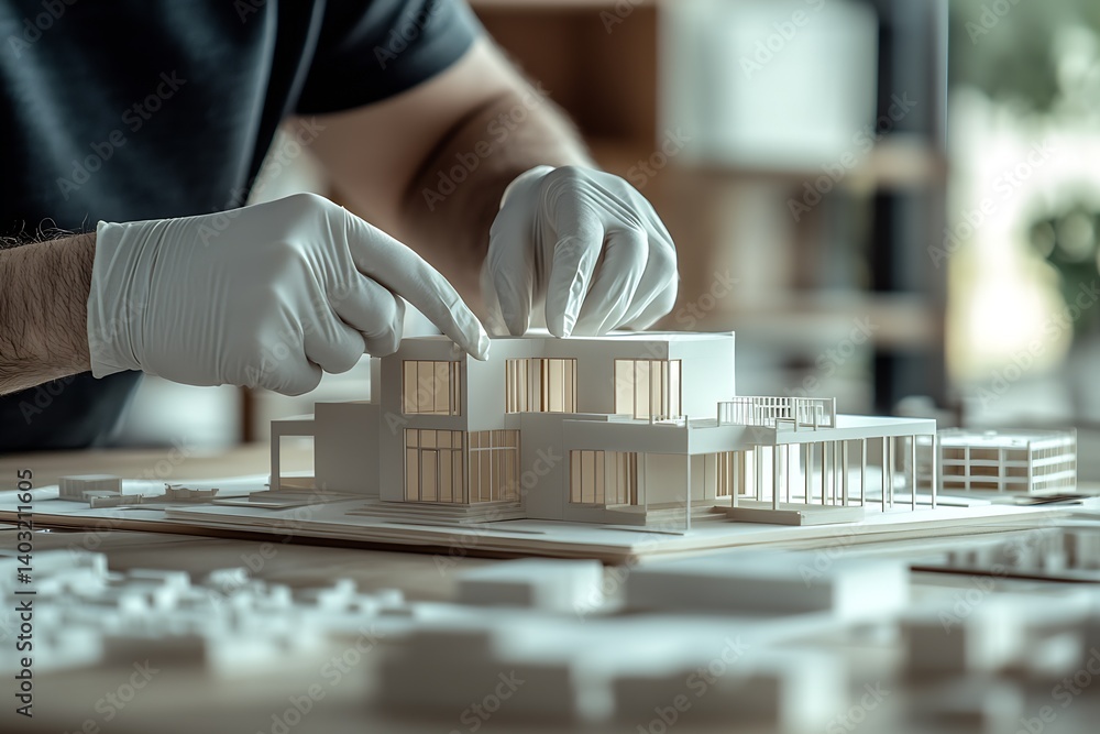 Poster architect carefully positions elements of architectural model in bright modern workshop environment 