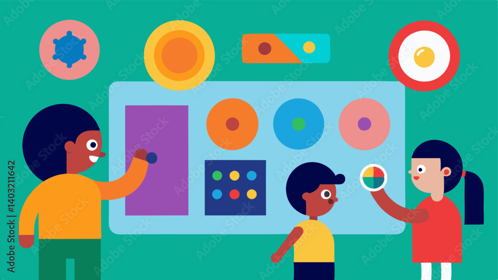 Poster interactive sensory wall a colorful sensory wall featuring various textures buttons and mirrors with