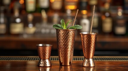 Copper Bar Tools: Jigger, Muddler, and Cocktail Cups