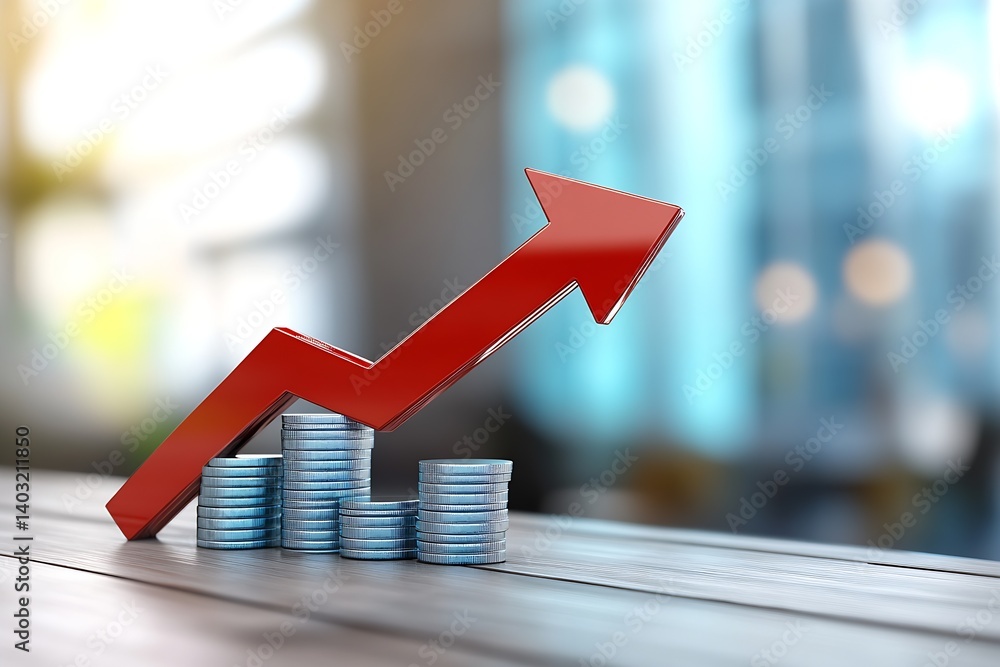 Aufkleber red arrow graph float above coins depicting financial growth and investment success : generative ai