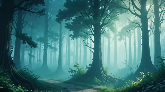lofi scenery jungle path in morning fog with mystical anime vibe.