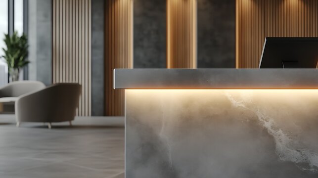 Elegant modern reception desk design in contemporary office interior with warm lighting : Generative AI
