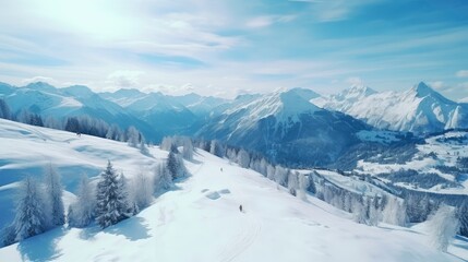 Fototapeta premium Panoramic Winter Wonderland Snow-Covered Mountains and Ski Slope