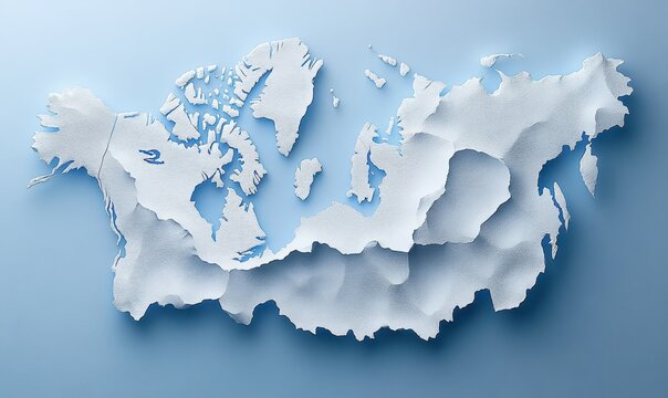 3D relief map of Eurasia, pale blue background, geographic study