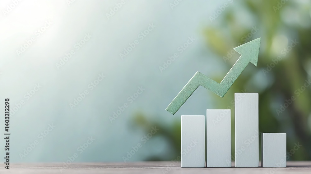 Poster healthily growing financial bar graph with upward pointing green arrow in modern atmosphere : genera
