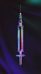 Artistic and Modern Close-Up of a Syringe Glowing with Neon Accents Against a Dark Fabric Background : Generative AI