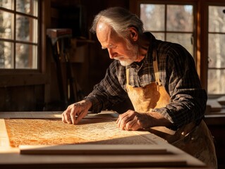 Elderly craftsman meticulously examines a wood panel in a rustic workshop.