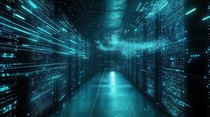 Futuristic Data Center Corridor Digital Code Flowing