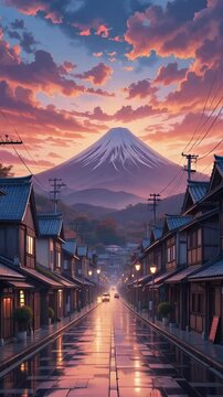 lofi cozy japanese tokyo town street in the evening landscape with anime artstyle.