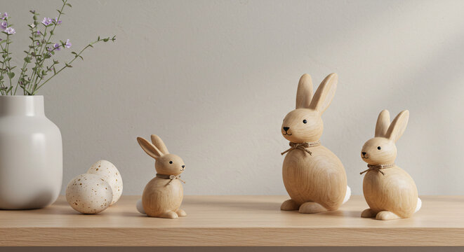 Whimsical, Playful, Whimsical wooden rabbits and decorative eggs in a playful arrangement