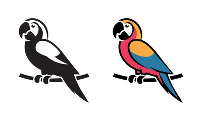 parrot vector illustration set silhouette and color, macaw bird graphic icon perched collection, tropical bird mascot design elements
