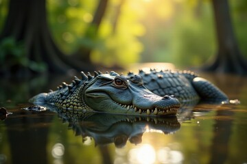 Fototapeta premium Large alligator basking in sun, Everglades swamp , swamp, wildlife, reptile