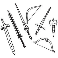 RPG weapon icon set vector illustration, vector fantasy game sword collection, dungeon dragon battle attack object kit: magic sorcerer staff, warrior dagger, medieval bow, arrow, 