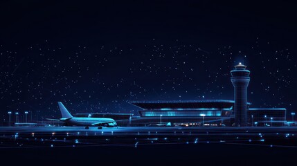 Night airport, plane taxiing, control tower, starry sky, travel