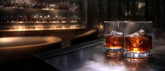 Elegant whiskey cocktails on a sophisticated bar counter