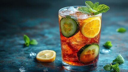 Tall Glass of Pimms Cup Cocktail with Cucumber and Citrus