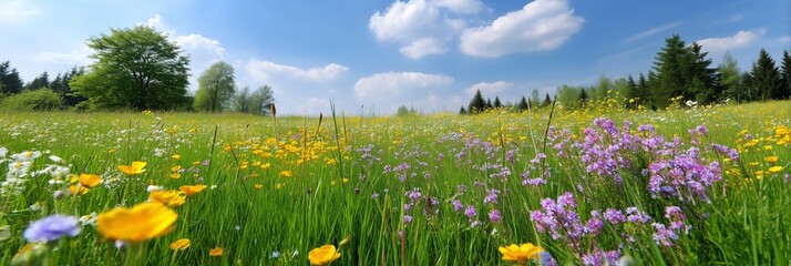 Nature Spring Landscape with A Field of Wild Yellow Buttercups, Green Trees and White Clouds in Blue Sky. Image of a beautiful field of yellow buttercup flowers blooming in the evening sunlight 