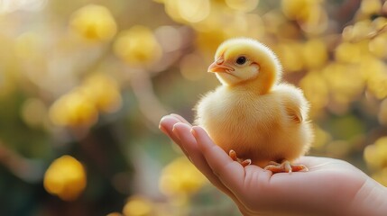 Cute Baby Chick in Hand  Spring Yellow Flowers Background