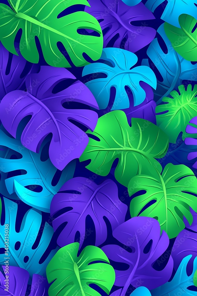 Poster vibrant monstera leaf pattern with dynamic color transitions and textures
