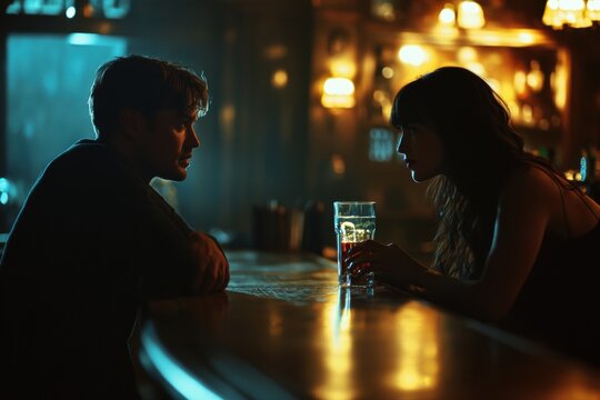 A somber conversation unfolds over drinks at a dimly lit bar.