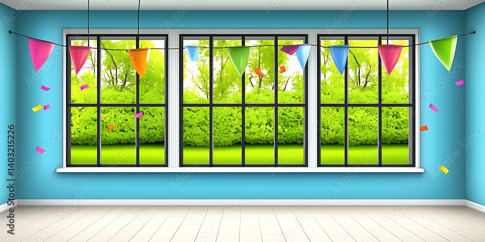 Poster vibrant party scene with colorful flags and window overlooking green trees